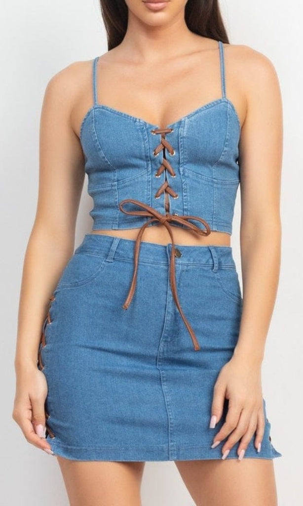 Epicplacess Sets Denim Corset & Split Mini Skirt Set with Lace-Up Detail
