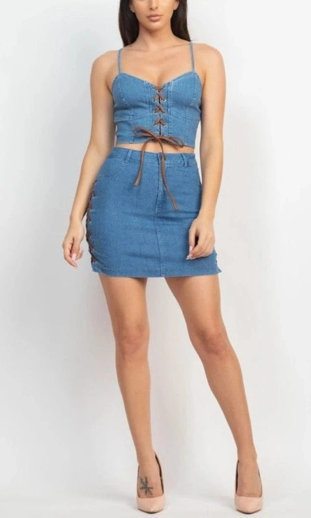 Epicplacess Sets Denim Corset & Split Mini Skirt Set with Lace-Up Detail