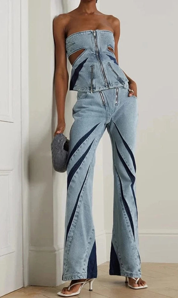 Epicplacess Sets Light Blue / S Dual Hue Set Cutout Jeans and Denim Crop Top FashionBaeClothing-1