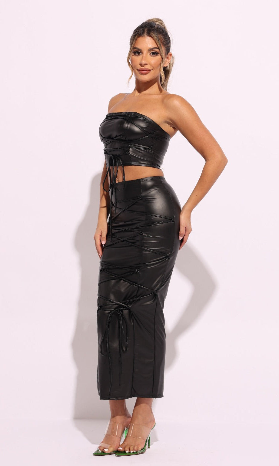 Epicplacess SKIRT L / Black Lace Up Views Maxi Skirt Set SAS2094 N-5