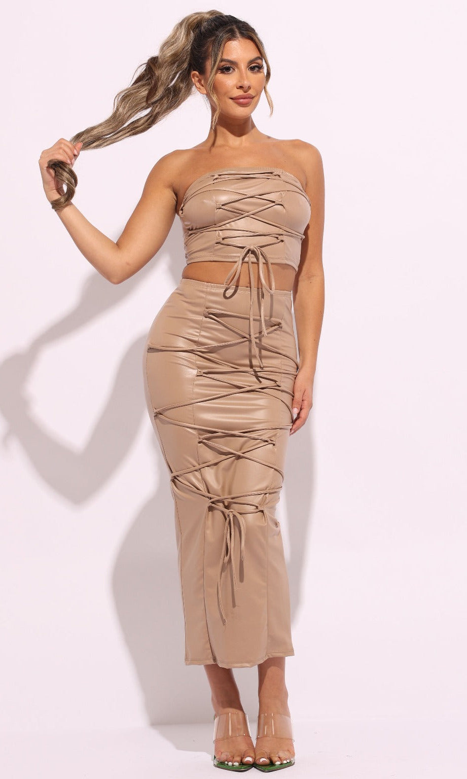 Epicplacess SKIRT M / Brown Lace Up Views Maxi Skirt Set SAS2094 N-4