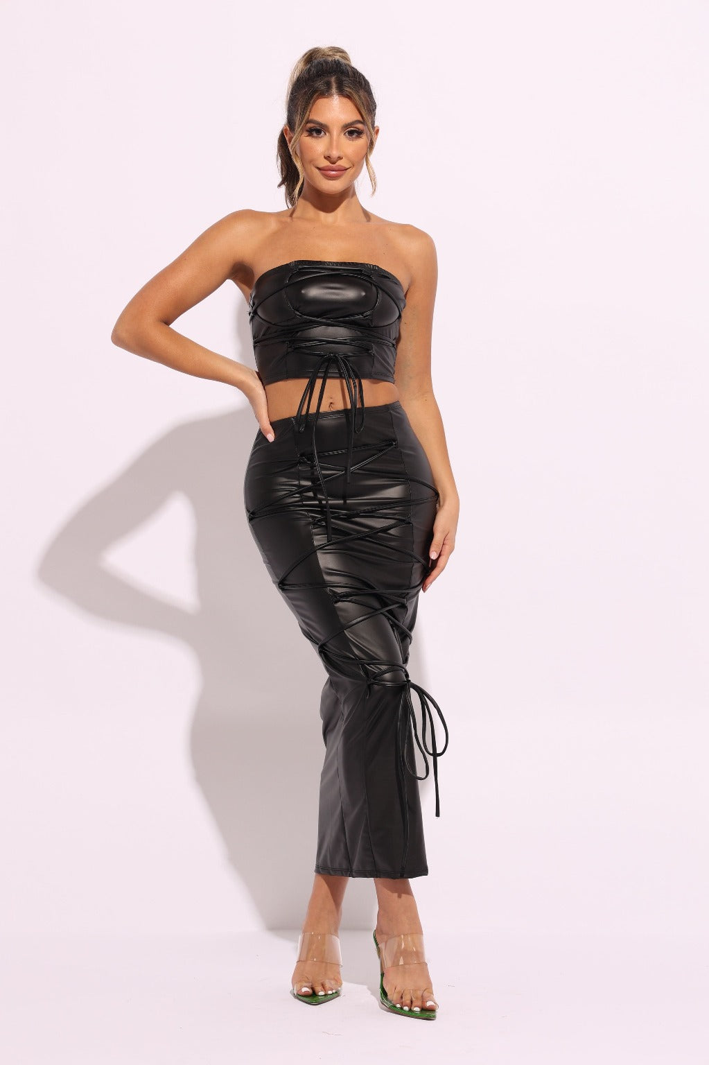 Epicplacess SKIRT S / Black Lace Up Views Maxi Skirt Set SAS2094 N-1