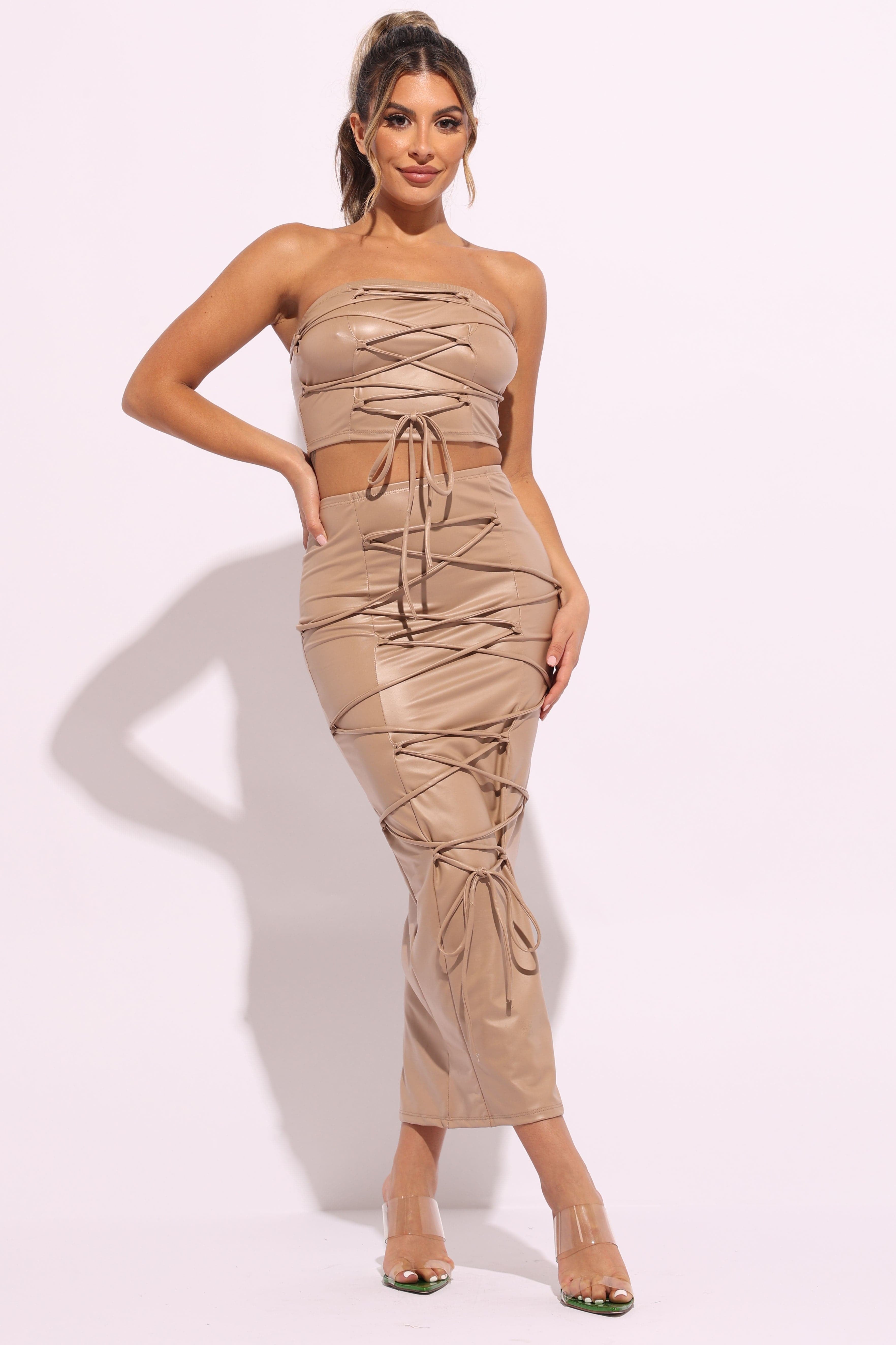 Epicplacess SKIRT S / Brown Lace Up Views Maxi Skirt Set SAS2094 N-2