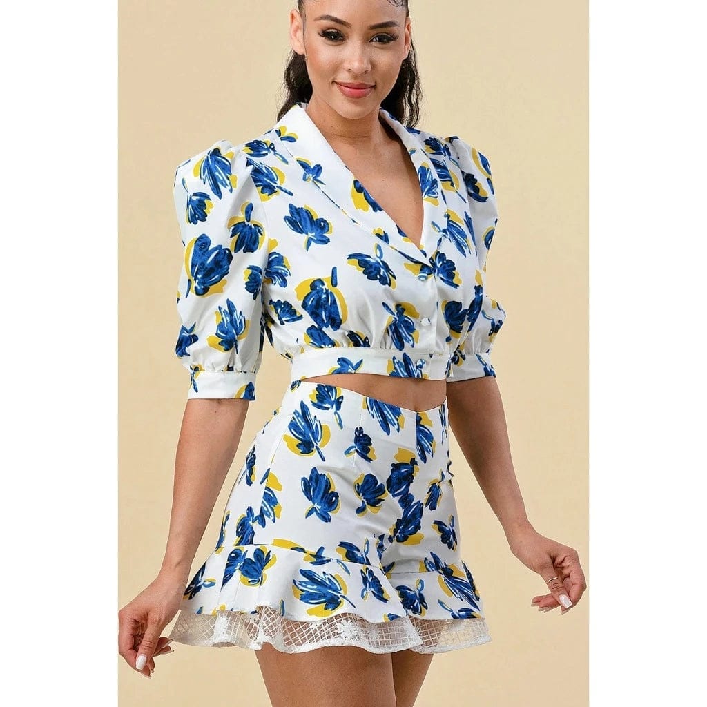 Floral Blouse Short Set - White skirts Epicplacess   