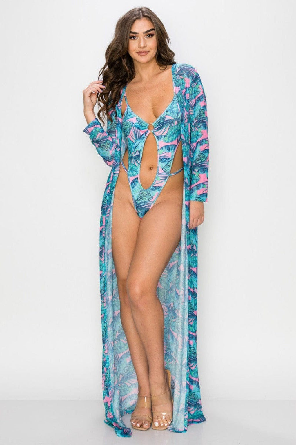 Epicplacess Swimsuit Tropical Print Bodysuit SET-Blue