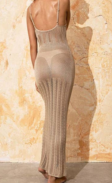 Epicplacess Swimwear Hollow Out Plunge Knit Beach Cover Up Maxi Dress