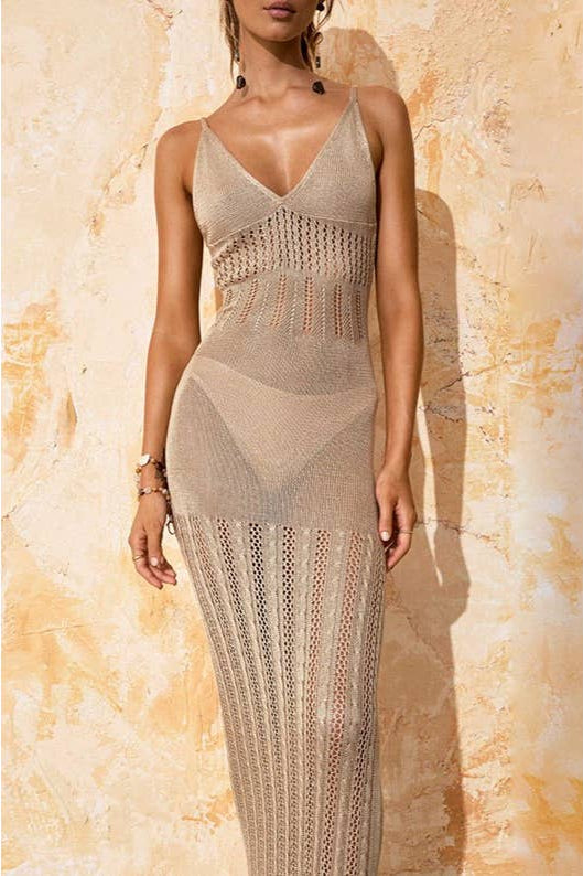 Epicplacess Swimwear Hollow Out Plunge Knit Beach Cover Up Maxi Dress