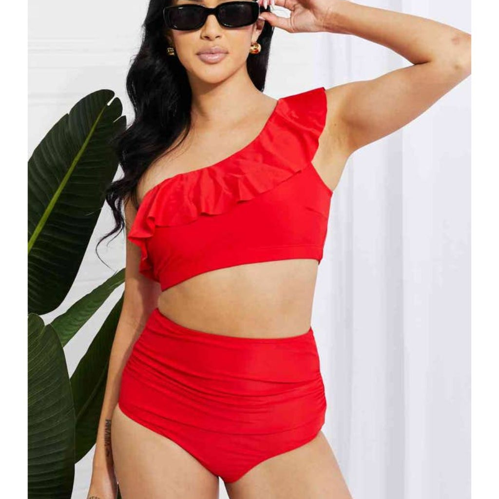 Epicplacess Swimwear Seaside Romance Ruffle One-Shoulder Bikini in Red