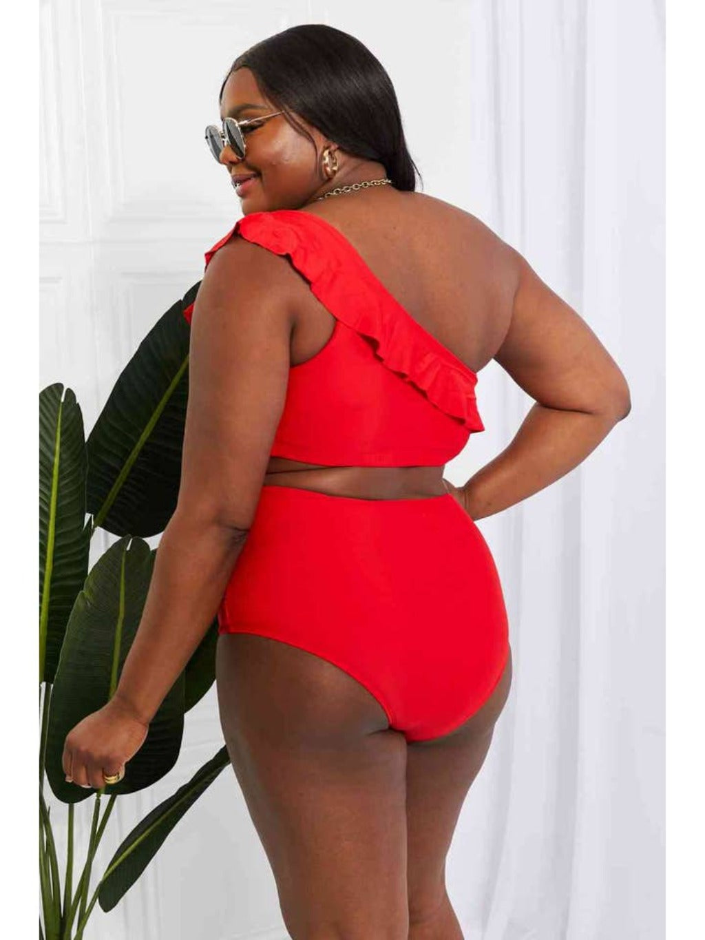Epicplacess Swimwear Seaside Romance Ruffle One-Shoulder Bikini in Red