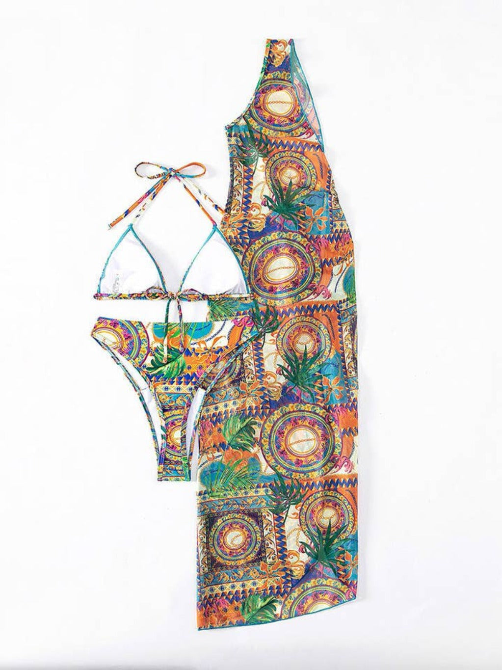 Epicplacess Swimwear Three-Piece Mesh Print Beach Skirt Swimsuit
