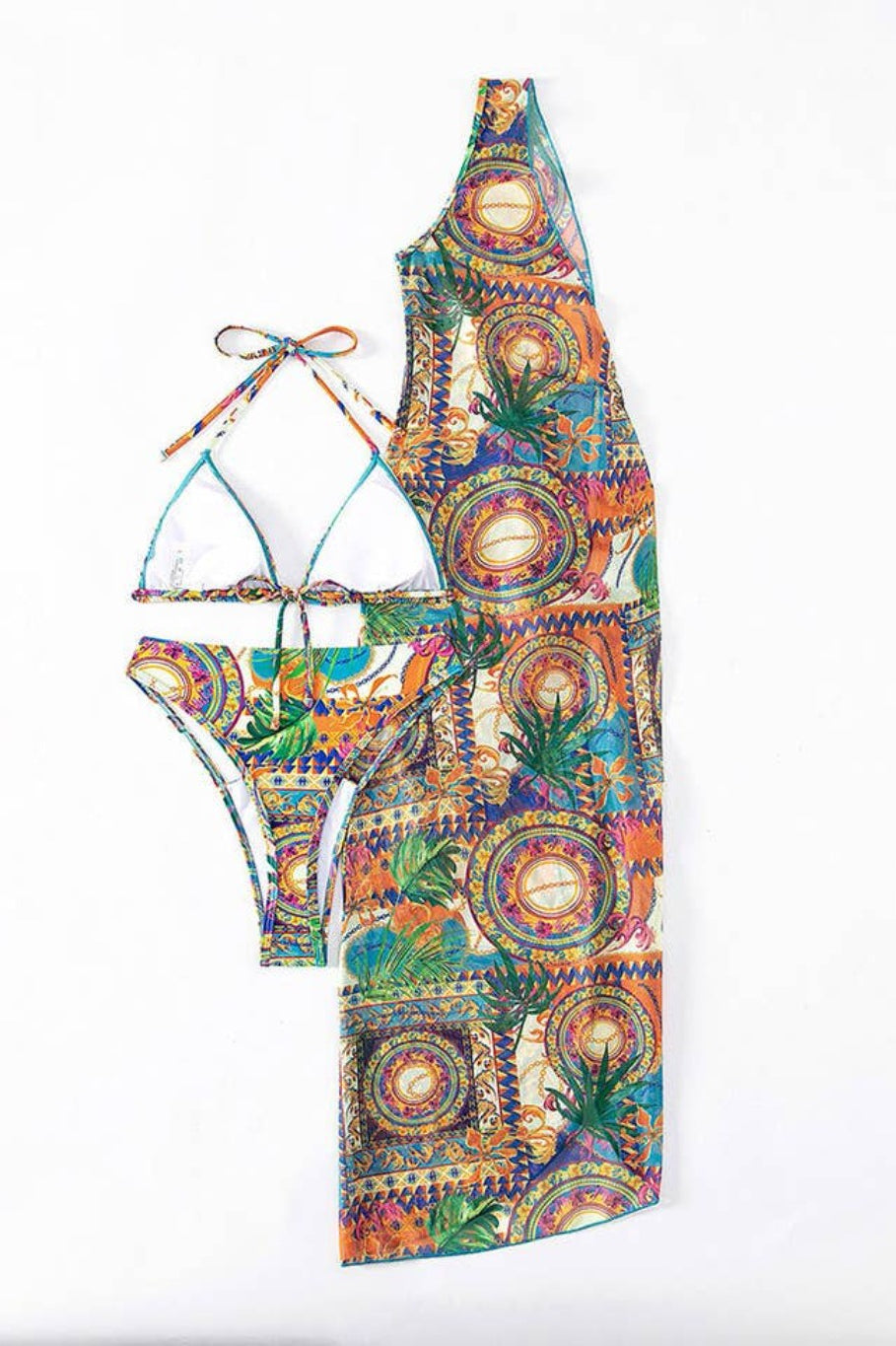 Epicplacess Swimwear Three-Piece Mesh Print Beach Skirt Swimsuit