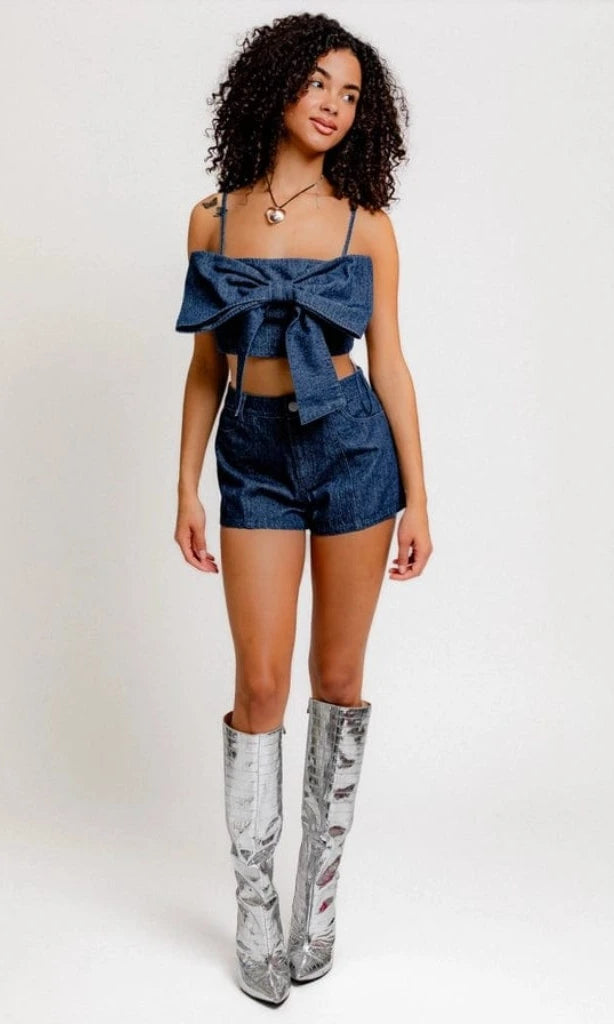 Epicplacess TOP Denim Crop Top with Bow Detail & Strappy Square Neck AP1052LL