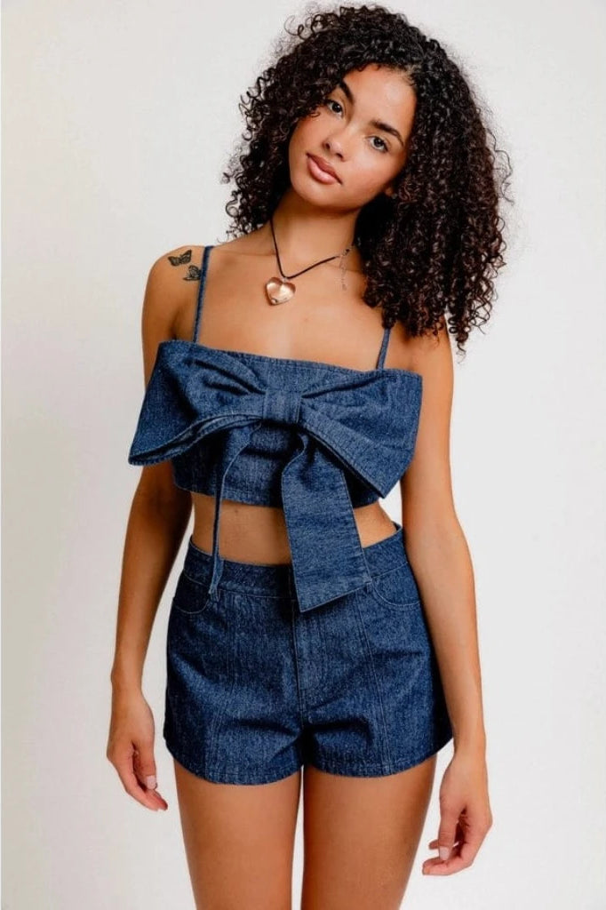 Epicplacess TOP Denim Crop Top with Bow Detail & Strappy Square Neck