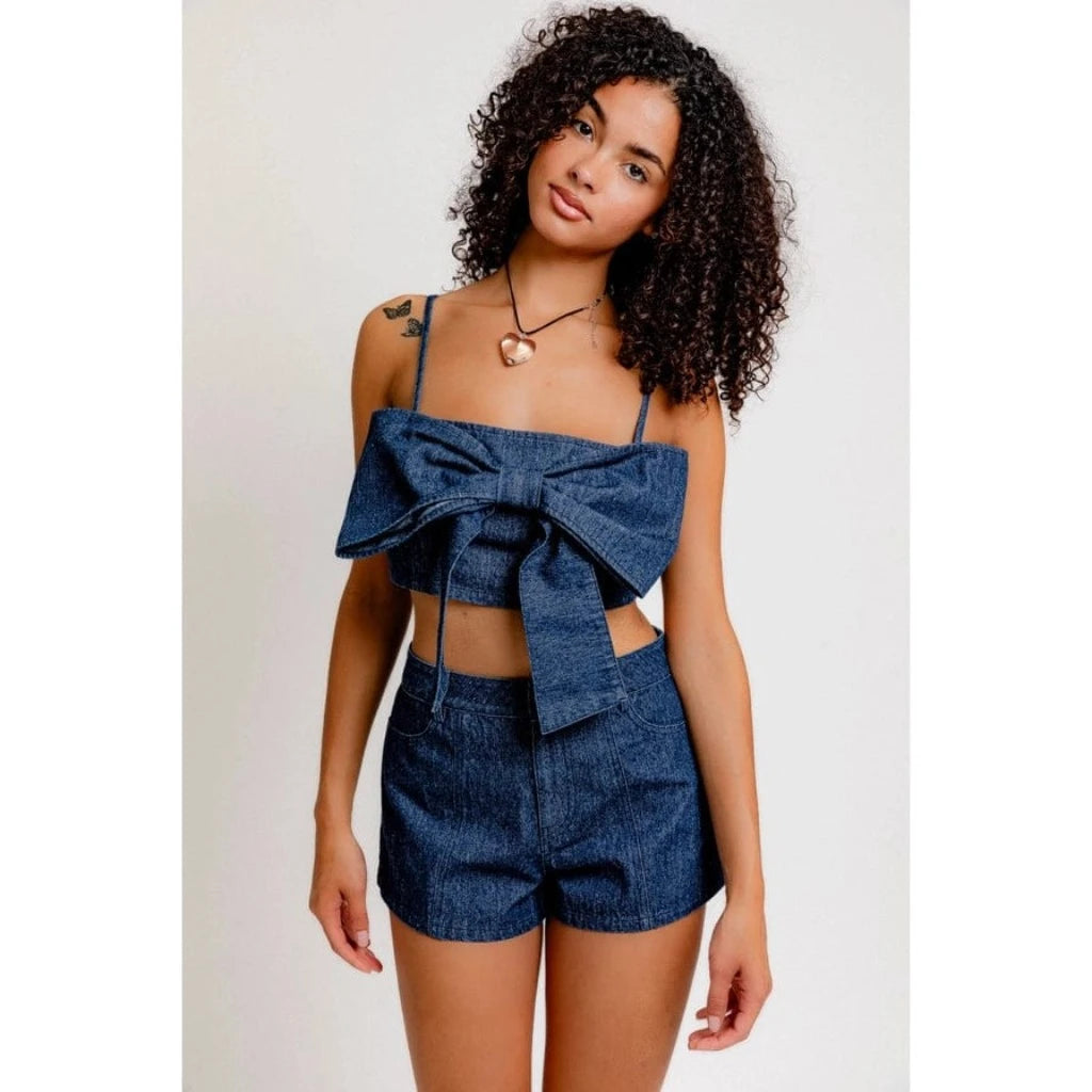 Epicplacess TOP Denim Crop Top with Bow Detail & Strappy Square Neck