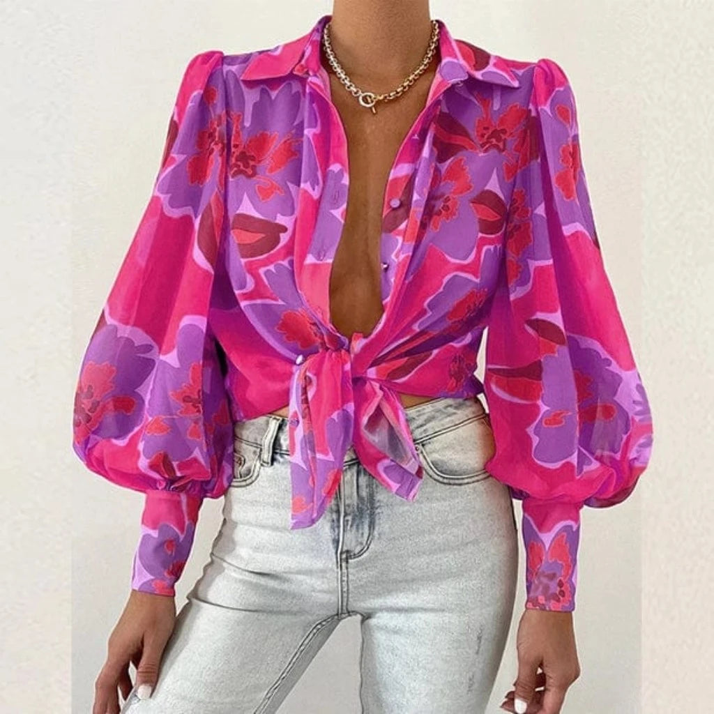 Epicplacess TOP Floral Long Puff Sleeves Women's Shirt