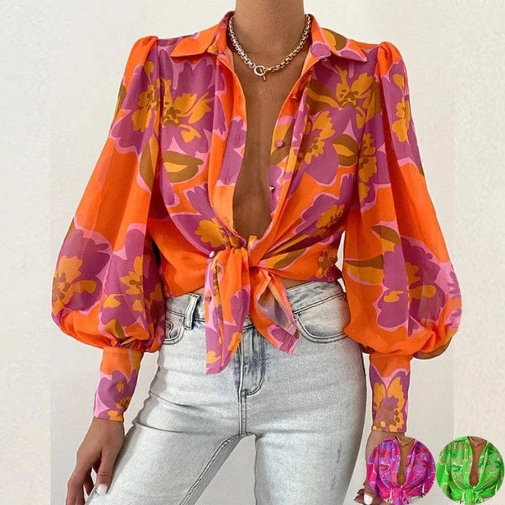 Epicplacess TOP Floral Long Puff Sleeves Women's Shirt
