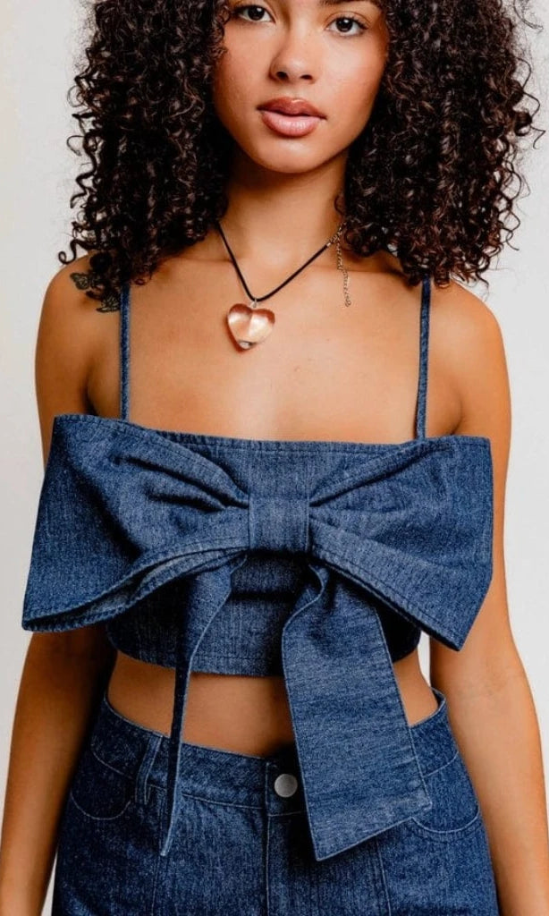 Epicplacess TOP Denim Crop Top with Bow Detail & Strappy Square Neck AP1052LL