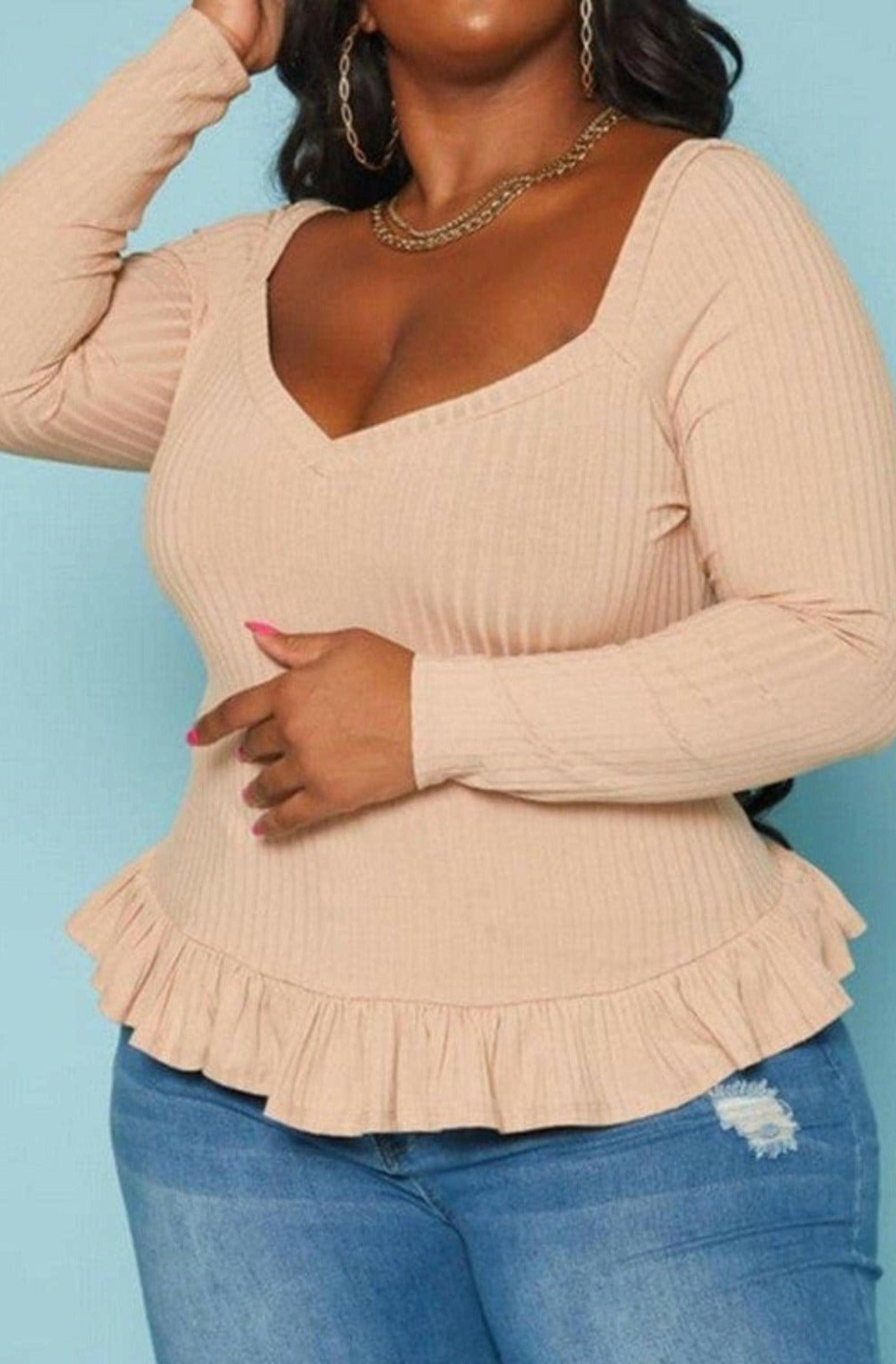 Epicplacess tops 3XL / Mocha / NUITED STATES Ribbed Knit Ruffle Flare Shirt TOPS 0057T