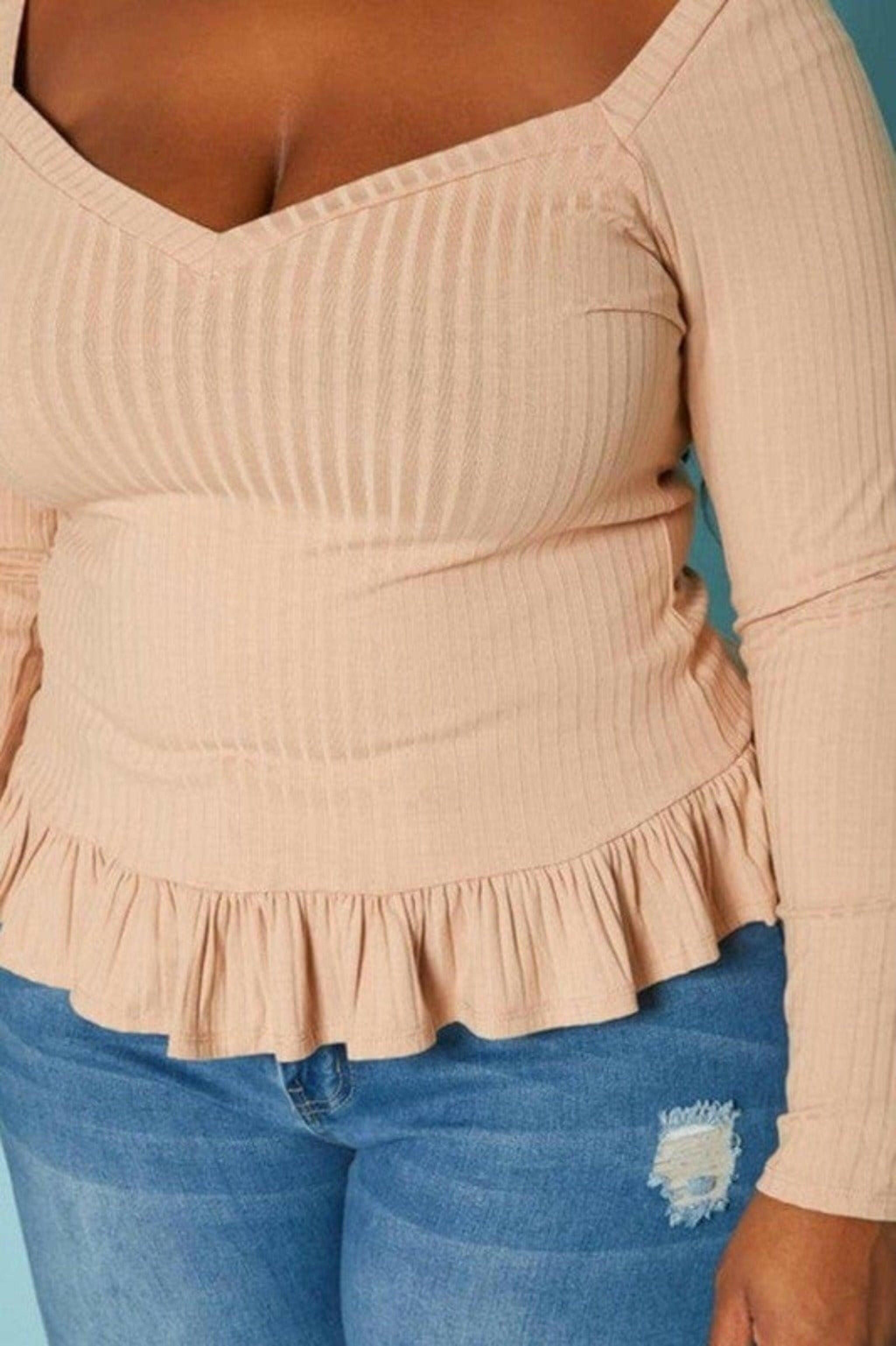 Epicplacess tops 3XL / Mocha / NUITED STATES Ribbed Knit Ruffle Flare Shirt TOPS 0057T